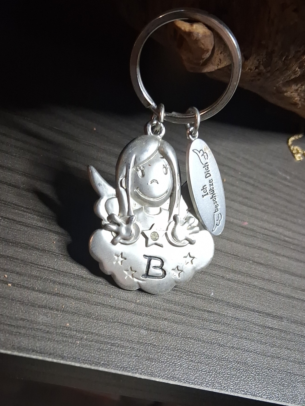 Silver Pewter Angel Initial 'B' Keychain Card Holder Charm Pure Pewter